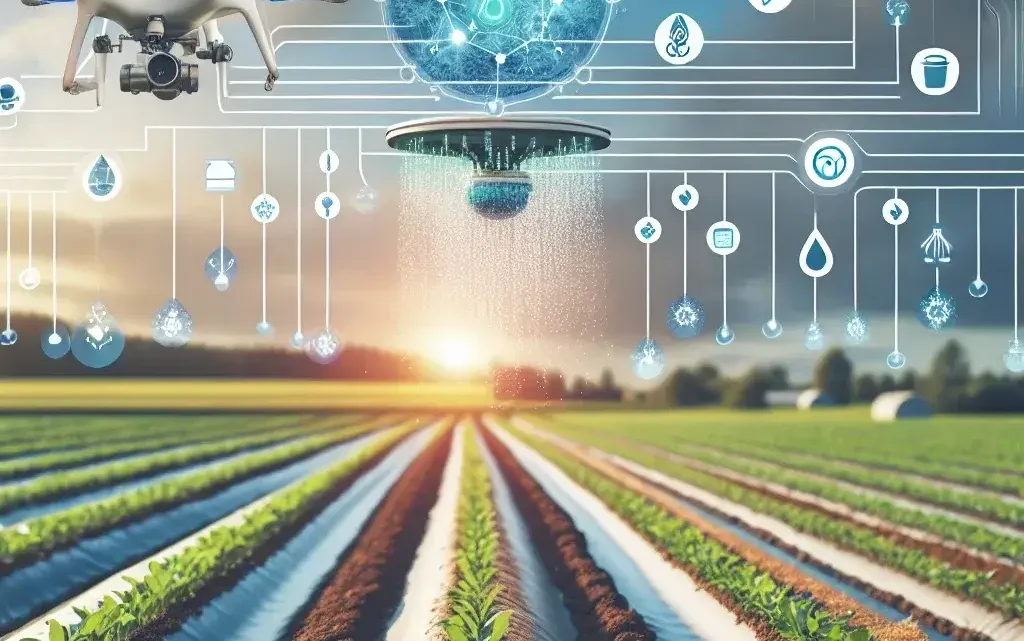 "Imagen de un sistema de riego automatizado en un campo agrícola, optimizado por inteligencia artificial para mejorar la precisión en la irrigación y la fertilización en cultivos. IA en agricultura."