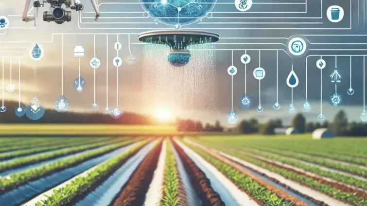 "Imagen de un sistema de riego automatizado en un campo agrícola, optimizado por inteligencia artificial para mejorar la precisión en la irrigación y la fertilización en cultivos. IA en agricultura."