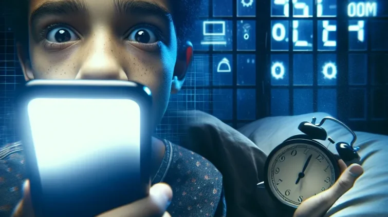 "Adolescentes usando dispositivos electrónicos antes de dormir, ilustrando el impacto de las pantallas en la calidad del sueño según un estudio reciente."